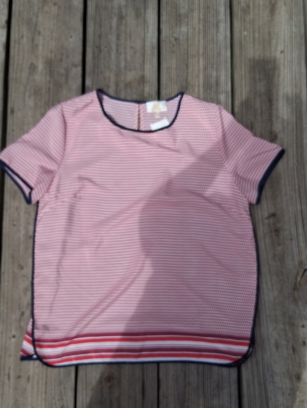 Collective Concepts Pink Short-Sleeve Top with Navy Trim and Stripe Hem